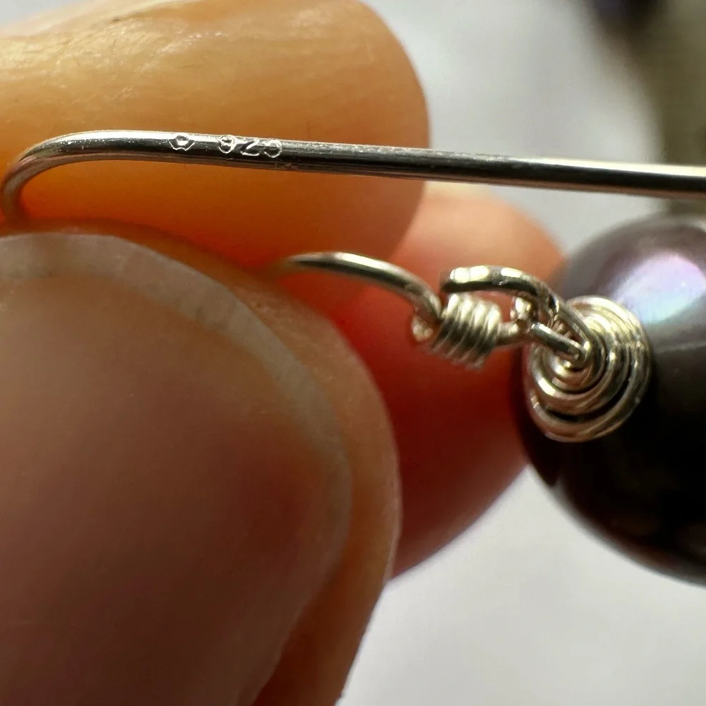 10.2mm Black Cultured Pearl Earrings - 925 Sterling Silver - Picture 4 of 8